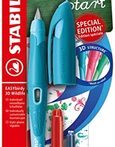 STABILO EASYbirdy 3D Wildlife Special Edition Ergonomic Fountain Pen in Blue - for Left Handed - Beginner Tip - Blue Cartridge and Adjustment Key Included