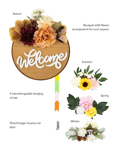 Interchangeable Welcome Sign For Front Door - Seasonal Flower Decor Welcome Home Sign - Outside Porch Hanging Door Decorations Wreath Flowers