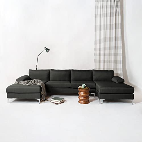 Casa Andrea Milano Modern Large Linen Fabric U-Shape Sectional Sofa, Double Extra Wide Chaise Lounge Couch, Dark Grey