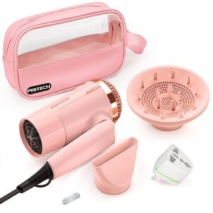 travel diffuser hair dryer, pritech dual voltage hair dryer with diffuser, foldable mini compact blow dryer with concentrator, 1200w ionic hairdryer lightweight with european plug for worldwide use