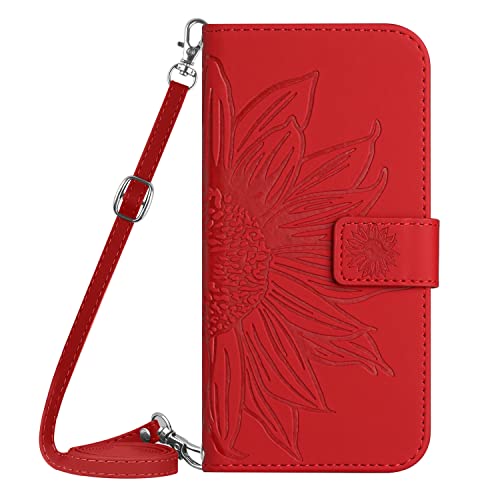 ONV Wallet Case for Oppo Realme 7 Pro - with 1.5M Strap Sunflower Flip Leather Case Embossment Card Slot Shockproof Kickstand Magnetic Cover for Oppo Realme 7 Pro [HT] -Red-T