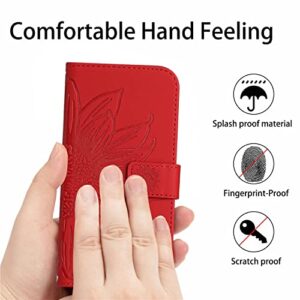 ONV Wallet Case for Oppo Realme 7 Pro - with 1.5M Strap Sunflower Flip Leather Case Embossment Card Slot Shockproof Kickstand Magnetic Cover for Oppo Realme 7 Pro [HT] -Red-T