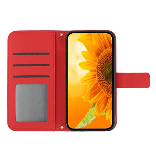ONV Wallet Case for Oppo Realme 7 Pro - with 1.5M Strap Sunflower Flip Leather Case Embossment Card Slot Shockproof Kickstand Magnetic Cover for Oppo Realme 7 Pro [HT] -Red-T