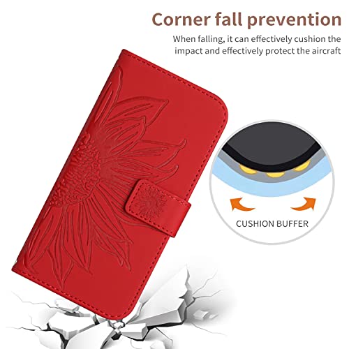 ONV Wallet Case for Oppo Realme 7 Pro - with 1.5M Strap Sunflower Flip Leather Case Embossment Card Slot Shockproof Kickstand Magnetic Cover for Oppo Realme 7 Pro [HT] -Red-T
