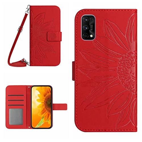 ONV Wallet Case for Oppo Realme 7 Pro - with 1.5M Strap Sunflower Flip Leather Case Embossment Card Slot Shockproof Kickstand Magnetic Cover for Oppo Realme 7 Pro [HT] -Red-T