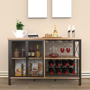 bar cabinet industrial wine organizer with wave-shaped wine glass rack mesh door adjustable inner board multi-function floor liquor cabinet bar for home farmhouse living room