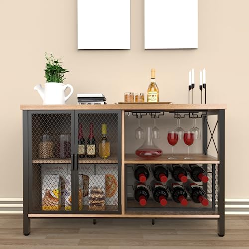 Bar Cabinet Industrial Wine Organizer with Wave-Shaped Wine Glass Rack Mesh Door Adjustable Inner Board Multi-Function Floor Liquor Cabinet Bar for Home Farmhouse Living Room