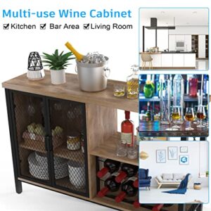 Bar Cabinet Industrial Wine Organizer with Wave-Shaped Wine Glass Rack Mesh Door Adjustable Inner Board Multi-Function Floor Liquor Cabinet Bar for Home Farmhouse Living Room