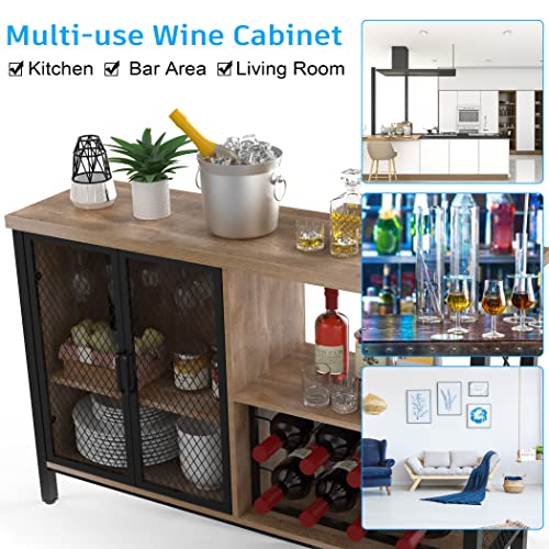 Bar Cabinet Industrial Wine Organizer with Wave-Shaped Wine Glass Rack Mesh Door Adjustable Inner Board Multi-Function Floor Liquor Cabinet Bar for Home Farmhouse Living Room