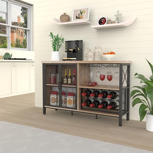 Bar Cabinet Industrial Wine Organizer with Wave-Shaped Wine Glass Rack Mesh Door Adjustable Inner Board Multi-Function Floor Liquor Cabinet Bar for Home Farmhouse Living Room