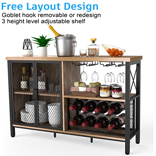 Bar Cabinet Industrial Wine Organizer with Wave-Shaped Wine Glass Rack Mesh Door Adjustable Inner Board Multi-Function Floor Liquor Cabinet Bar for Home Farmhouse Living Room