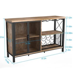 Bar Cabinet Industrial Wine Organizer with Wave-Shaped Wine Glass Rack Mesh Door Adjustable Inner Board Multi-Function Floor Liquor Cabinet Bar for Home Farmhouse Living Room