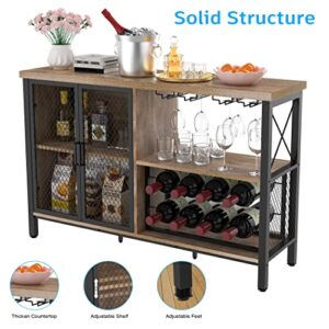 Bar Cabinet Industrial Wine Organizer with Wave-Shaped Wine Glass Rack Mesh Door Adjustable Inner Board Multi-Function Floor Liquor Cabinet Bar for Home Farmhouse Living Room