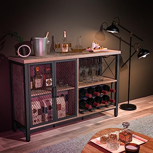 Bar Cabinet Industrial Wine Organizer with Wave-Shaped Wine Glass Rack Mesh Door Adjustable Inner Board Multi-Function Floor Liquor Cabinet Bar for Home Farmhouse Living Room