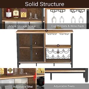 Bar Cabinet Industrial Wine Organizer with Wave-Shaped Wine Glass Rack Mesh Door Adjustable Inner Board Multi-Function Floor Liquor Cabinet Bar for Home Farmhouse Living Room