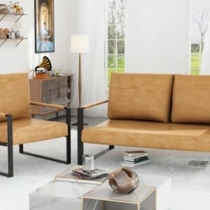 AWQM Mid-Century Retro Modern Living Room Sofa Set with Loveseat and Accent Chair, Faux Leather Loveseat Sofa and Armchair Sofa Chair for Small Space, Office, 105 Degree Slant Back, Camel