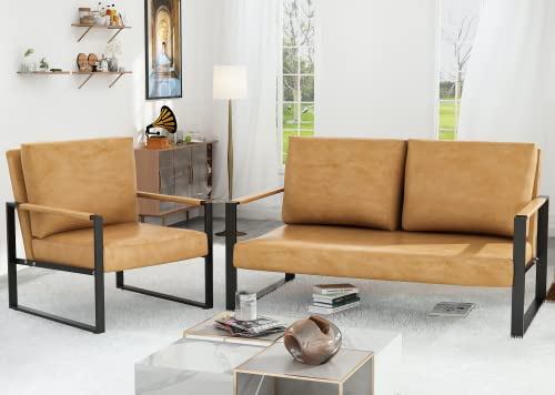 AWQM Mid-Century Retro Modern Living Room Sofa Set with Loveseat and Accent Chair, Faux Leather Loveseat Sofa and Armchair Sofa Chair for Small Space, Office, 105 Degree Slant Back, Camel