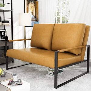 AWQM Mid-Century Retro Modern Living Room Sofa Set with Loveseat and Accent Chair, Faux Leather Loveseat Sofa and Armchair Sofa Chair for Small Space, Office, 105 Degree Slant Back, Camel