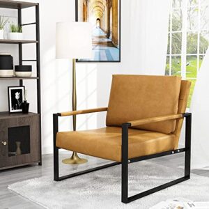 AWQM Mid-Century Retro Modern Living Room Sofa Set with Loveseat and Accent Chair, Faux Leather Loveseat Sofa and Armchair Sofa Chair for Small Space, Office, 105 Degree Slant Back, Camel