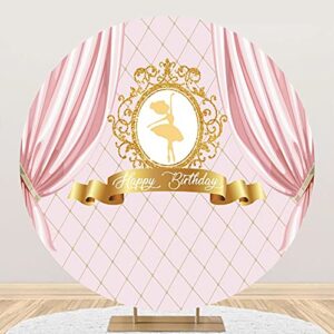 Leyiyi 6.5x6.5ft Ballerina Happy Birthday Round Backdrop Pink and Gold Ballet Girl Curtain Princess 1st Birthday Party Decor Banner Tutu Ballerina Birthday Party Baby Shower Cake Table Supplies