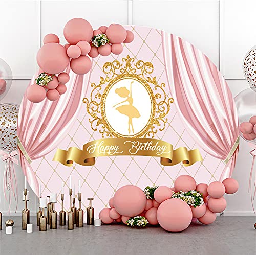 Leyiyi 6.5x6.5ft Ballerina Happy Birthday Round Backdrop Pink and Gold Ballet Girl Curtain Princess 1st Birthday Party Decor Banner Tutu Ballerina Birthday Party Baby Shower Cake Table Supplies
