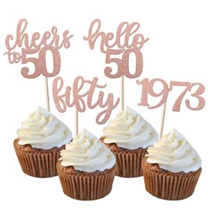 24 pack 50th birthday cupcake toppers glitter fifty since 1973 hello 50 years birthday cupcake picks cheers to 50 cake decorations for happy 50th birthday anniversary party supplies rose gold