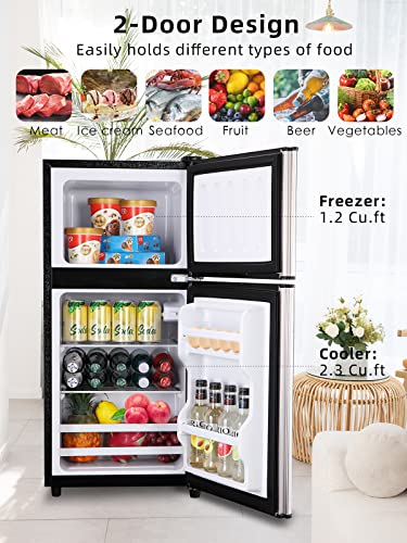 KRIB BLING 3.5 Cu.ft Retro Mini Fridge with Freezer - Compact Refrigerator for Home, Office, Dorm, or RV with Adjustable Mechanical Thermostat and 2-Door Design, Silver