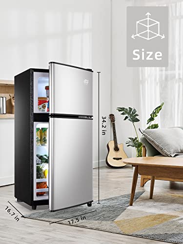 KRIB BLING 3.5 Cu.ft Retro Mini Fridge with Freezer - Compact Refrigerator for Home, Office, Dorm, or RV with Adjustable Mechanical Thermostat and 2-Door Design, Silver