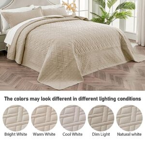 Qucover California King Beige Bedspreads, 3-Pieces Ultrasonic Quilting Geometric Pattern Soft Microfiber 120 x 118 Oversized King Quilt, Extra Width Cal King Bedspread Oversized, Beige