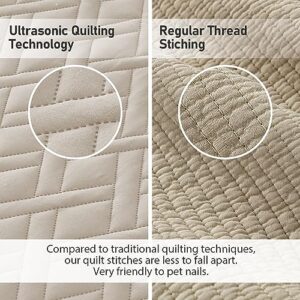 Qucover California King Beige Bedspreads, 3-Pieces Ultrasonic Quilting Geometric Pattern Soft Microfiber 120 x 118 Oversized King Quilt, Extra Width Cal King Bedspread Oversized, Beige