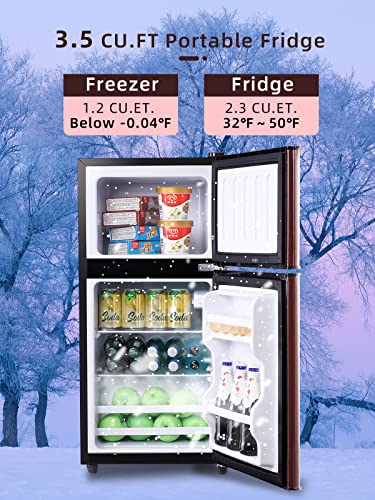 KRIB BLING 3.5 Cu.ft Retro Mini Fridge with Freezer - Compact Refrigerator for Home, Office, Dorm, or RV with Adjustable Mechanical Thermostat and 2-Door Design, Wood