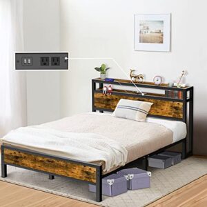 codesfir queen size bed frame industrial platform bed with charging station 2-tier storage headboard and strong support legs, noise-free, no box spring needed, vintage brown