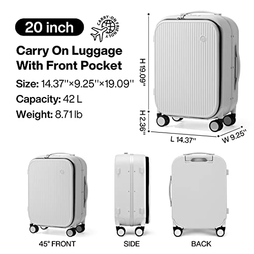 Mixi Carry On Luggage, 20'' Suitcases with Spinner Wheels, Rolling Travel Suitcase with Front Laptop Pocket Luggage Aluminum Frame PC Hardside with TSA Lock and Cover, Smoke White