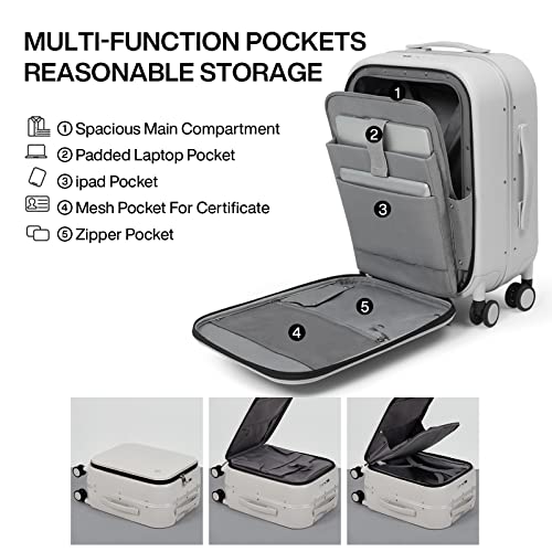 Mixi Carry On Luggage, 20'' Suitcases with Spinner Wheels, Rolling Travel Suitcase with Front Laptop Pocket Luggage Aluminum Frame PC Hardside with TSA Lock and Cover, Smoke White