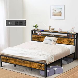 codesfir king size bed frame industrial platform bed with charging station 2-tier storage headboard and strong support legs, noise-free, no box spring needed, vintage brown