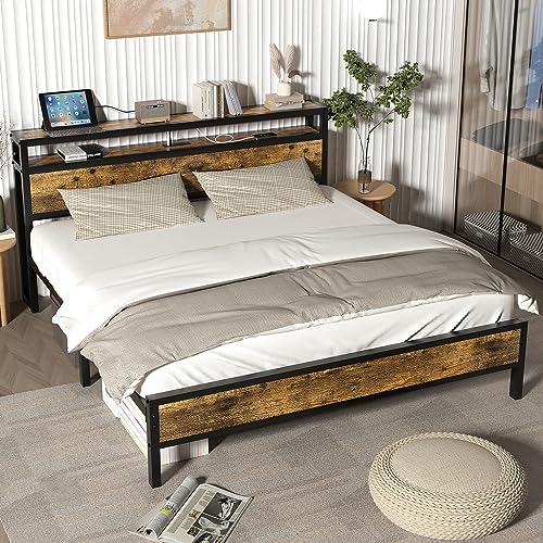 Pliwier King Bed Frame with Charging Station Headboard, Platform Bed with 2-Tier Storage Shelf, Strong Support Legs, Noise-Free, No Box Spring Needed, Easy Assembly