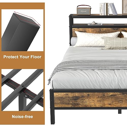 Pliwier King Bed Frame with Charging Station Headboard, Platform Bed with 2-Tier Storage Shelf, Strong Support Legs, Noise-Free, No Box Spring Needed, Easy Assembly