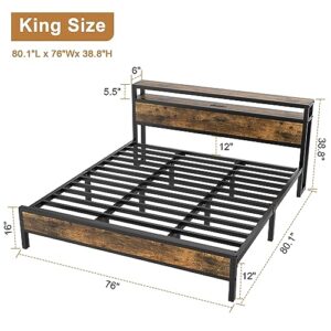 Pliwier King Bed Frame with Charging Station Headboard, Platform Bed with 2-Tier Storage Shelf, Strong Support Legs, Noise-Free, No Box Spring Needed, Easy Assembly