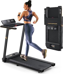 urevo portable folding treadmills for home, max 3.0 hp running walking treadmill with 12 pre set programs and wider tread belt, adjustable display, pause detection