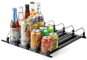 yesland drink organizer for fridge, 4 rows width ajustable soda can organizer for refrigerator self-pushing beverage pusher glide for water bottle, beer can, juice jar, kitchen, pantry, black