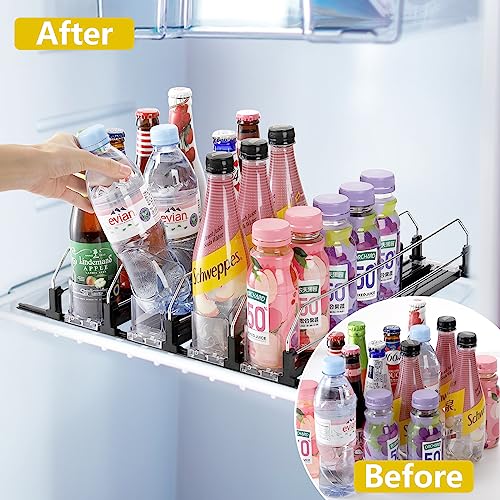 Yesland Drink Organizer for Fridge, 4 Rows Width Ajustable Soda Can Organizer for Refrigerator Self-Pushing Beverage Pusher Glide for Water Bottle, Beer Can, Juice Jar, Kitchen, Pantry, Black