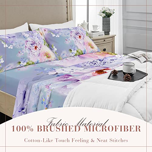 YIYEA Floral Queen Sheet Set - 1800 Thread Count Brushed Microfiber Floral Bed Sheets for Queen Size Bed - Extra Soft, Deep Pocket, Shrinkage and Fade Resistant - 4 Piece Set (Queen)