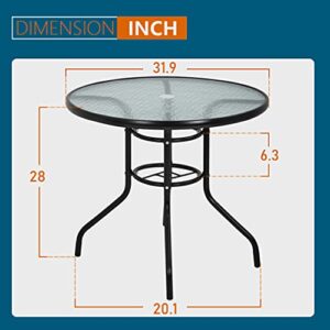 32" Patio Dining Table Round Bistro Table Outdoor Furniture Garden Table Patio Coffee with Tempered Glass Top Patio Glass Side Table for Backyard Lawn Balcony Pool, Black