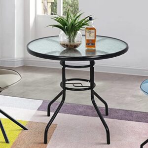 32" patio dining table round bistro table outdoor furniture garden table patio coffee with tempered glass top patio glass side table for backyard lawn balcony pool, black
