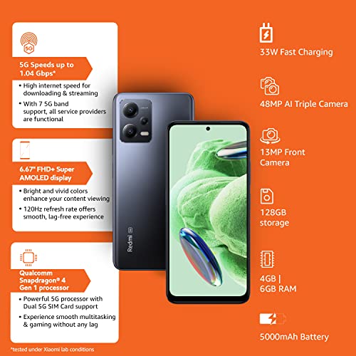 Redmi,redmi Xiaomi Note 12 5G(128GB + 6GB) Factory Unlocked 6.67/'' 48MP Triple Camera(NOT for USA Market) + Extra(w/Fast Car Charger Bundle)(Matte Black)(AMOLED)