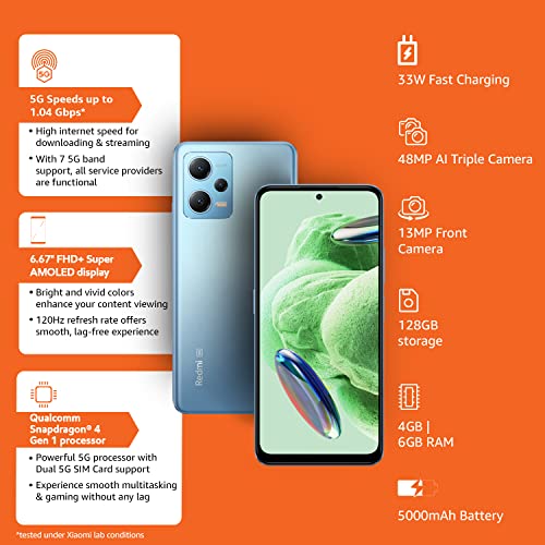 Redmi Xiaomi Note 12 5G (128GB + 6GB) Factory Unlocked 6.67'' 48MP Triple Camera (NOT for USA Market) Extra (w/Fast Car Charger Bundle) (Mystique Blue)