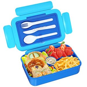 bento lunch box for kids, 4 compartment lunch boxes kids, cutlery storage built-in utensil set, leak-proof, thicken, microwave/dishwasher/freezer safe, bpa-free, blue