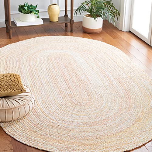 Safavieh Braided Collection Area Rug - 4' x 6' Oval, Beige with Pink Accents, Handmade Cotton, Country Cottage Style, Reversible, Ideal for Areas in Entryway Living Room Bedroom Kitchen (BRD452B)