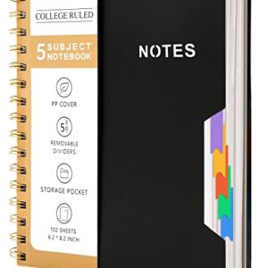 CAGIE 5 Subject Notebook College Ruled 6'' x 8'' Hardcover Spiral Lined Notebook with 5 Removable Colored Dividers 204 Pages Notebooks for Work, School Supplies, Home & Office, Writing Journal