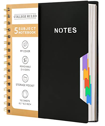 CAGIE 5 Subject Notebook College Ruled 6'' x 8'' Hardcover Spiral Lined Notebook with 5 Removable Colored Dividers 204 Pages Notebooks for Work, School Supplies, Home & Office, Writing Journal